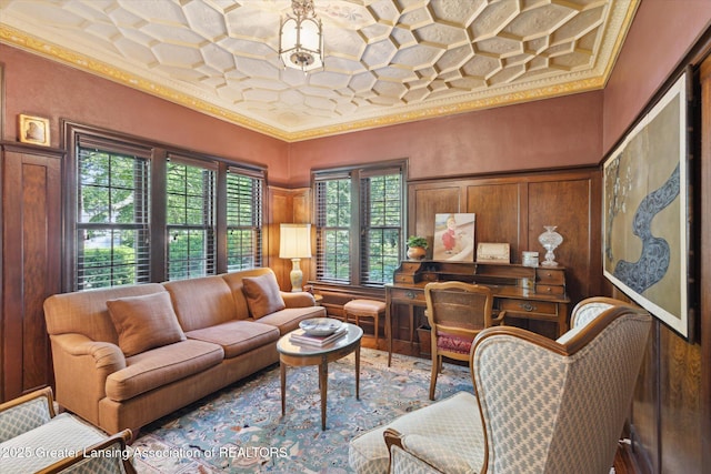 728 Audubon Rd, East Lansing, MI 48823 - living room featuring ornamental molding and coffered ceiling