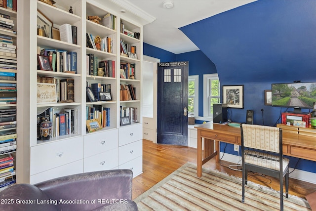 728 Audubon Rd, East Lansing, MI 48823 - home office with wood finished floors and vaulted ceiling
