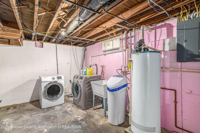 laundry room with separate washer and dryer, electric panel, a sink, laundry area, and gas water heater