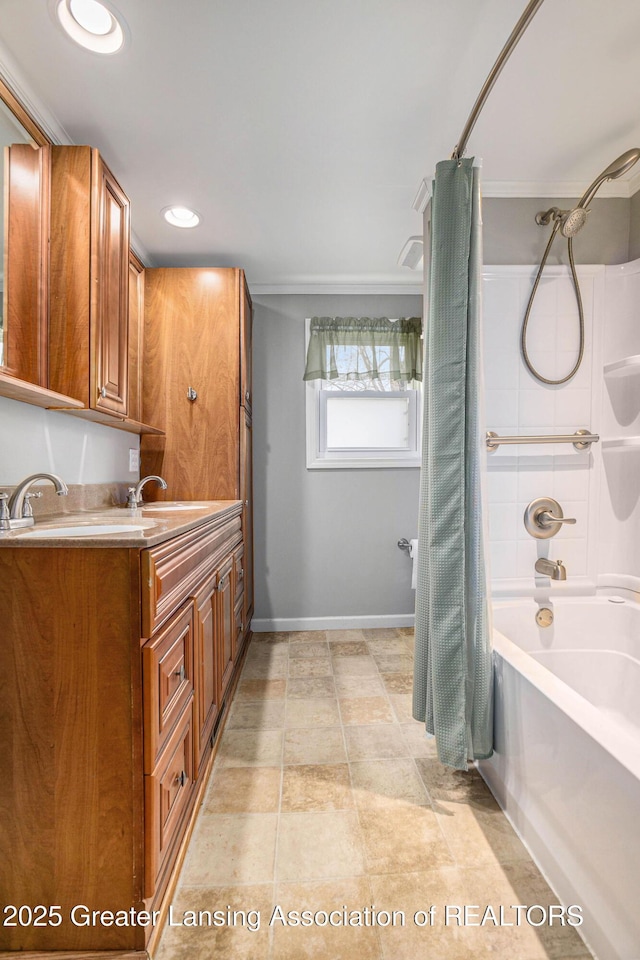 full bathroom featuring baseboards, shower / bathtub combination with curtain, and vanity