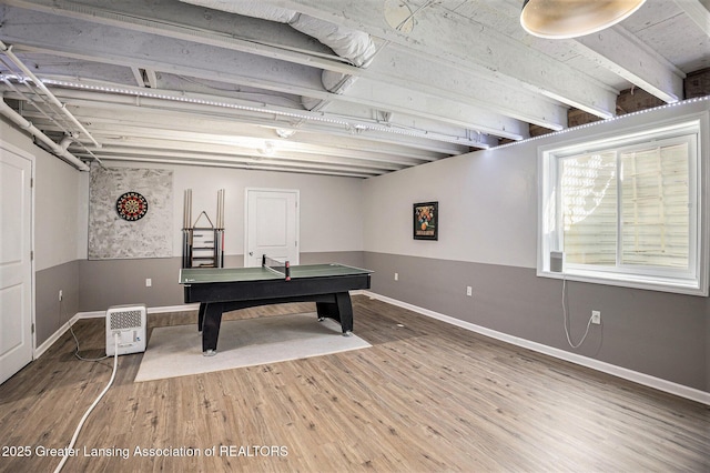 playroom featuring baseboards, billiards, and wood finished floors