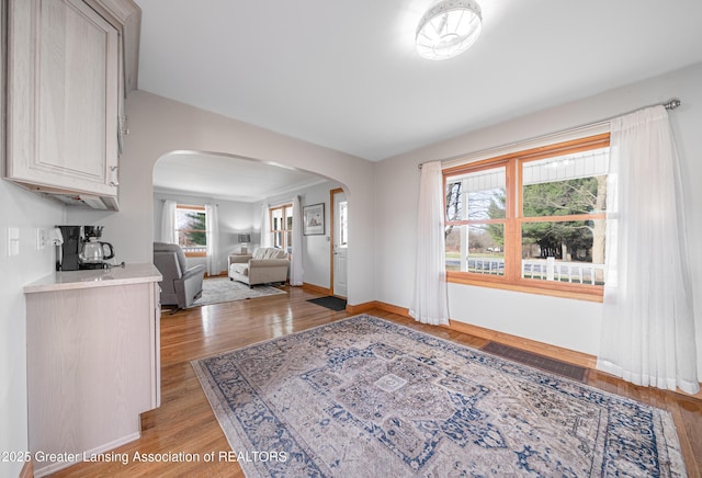 13577 Upton Rd, Bath, MI 48808 - living area featuring arched walkways, light wood-type flooring, and baseboards