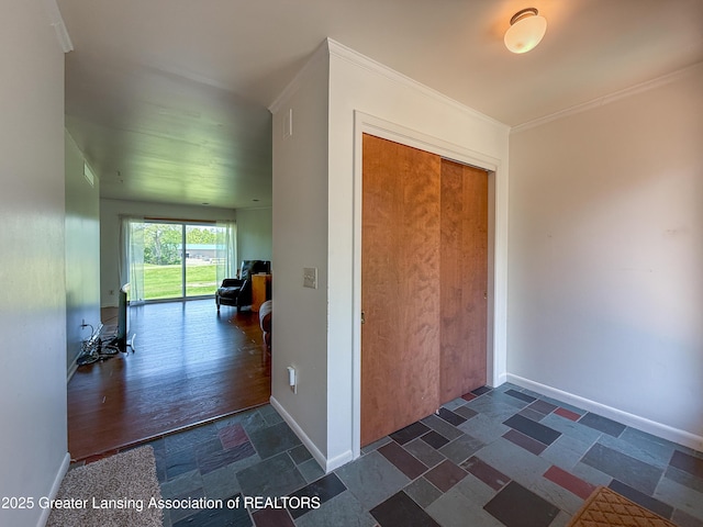 515 N Putnam St Unit B, Williamston, MI 48895 - corridor featuring stone finish flooring, baseboards, and crown molding