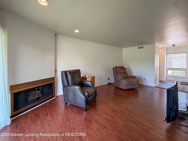 515 N Putnam St Unit B, Williamston, MI 48895 - living area featuring wood finished floors, baseboards, a multi sided fireplace, and recessed lighting