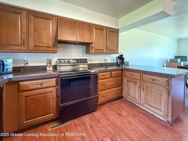 515 N Putnam St Unit B, Williamston, MI 48895 - kitchen featuring black appliances, wood finished floors, a peninsula, dark countertops, and brown cabinetry