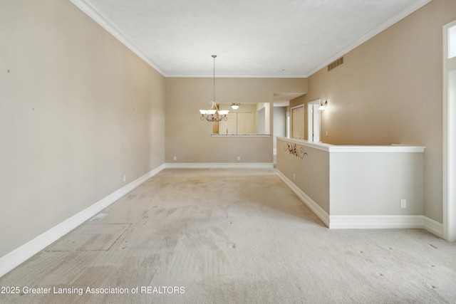 4163 Hamlet Cv, Bath, MI 48808 - carpeted empty room with baseboards, visible vents, an inviting chandelier, and crown molding