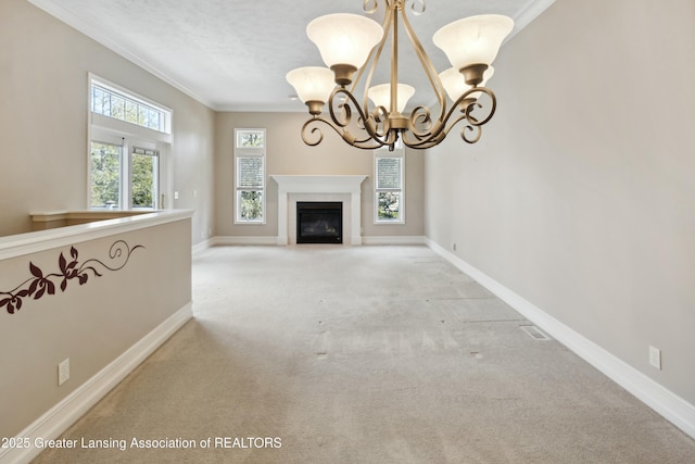 4163 Hamlet Cv, Bath, MI 48808 - unfurnished living room with carpet, baseboards, ornamental molding, and a notable chandelier