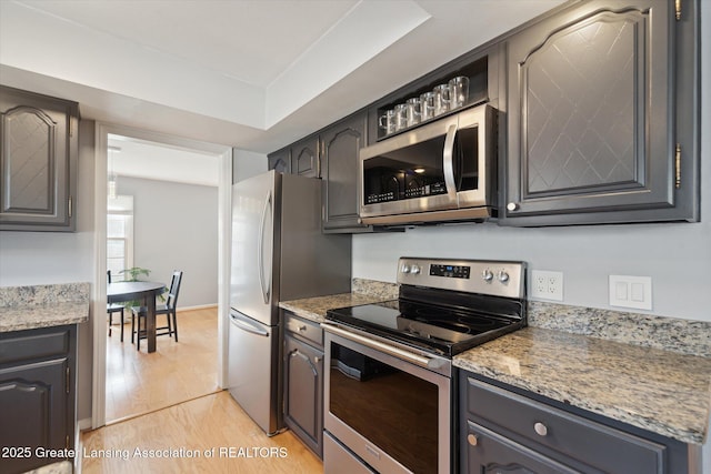 kitchen featuring light wood-type flooring, light stone countertops, and appliances with stainless steel finishes