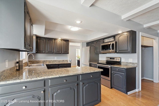 kitchen featuring stainless steel appliances, a raised ceiling, a sink, a peninsula, and light wood-style flooring