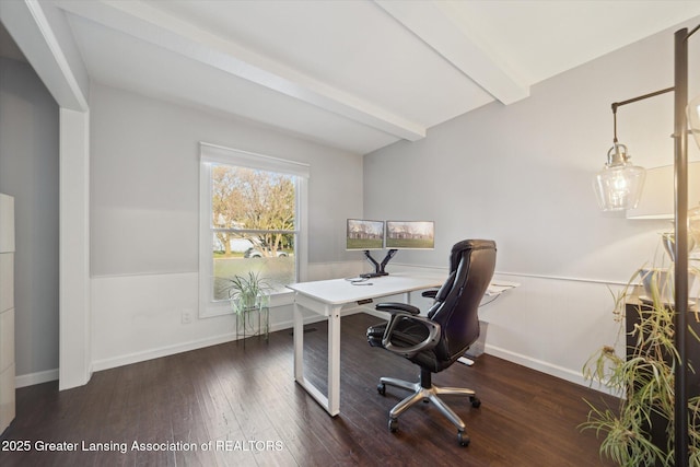 office with wainscoting, wood finished floors, and beamed ceiling