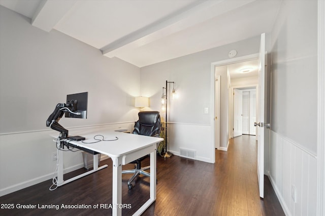 home office featuring wood finished floors, visible vents, and beam ceiling