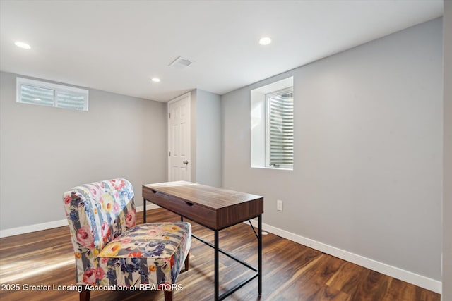 office space featuring visible vents, wood finished floors, baseboards, and recessed lighting