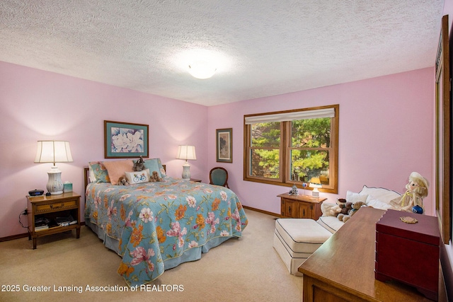 carpeted bedroom with a textured ceiling and baseboards