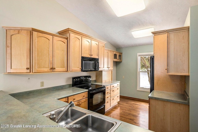 kitchen with light brown cabinets, wood finished floors, a sink, black appliances, and lofted ceiling