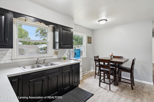 3427 W Jolly Rd, Lansing, MI 48911 - kitchen with dark cabinets, light countertops, light wood-style flooring, and decorative backsplash