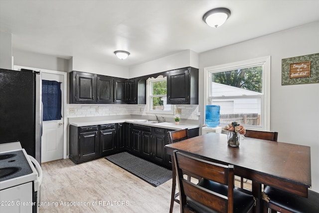 3427 W Jolly Rd, Lansing, MI 48911 - kitchen with white electric range oven, freestanding refrigerator, dark cabinetry, and light countertops