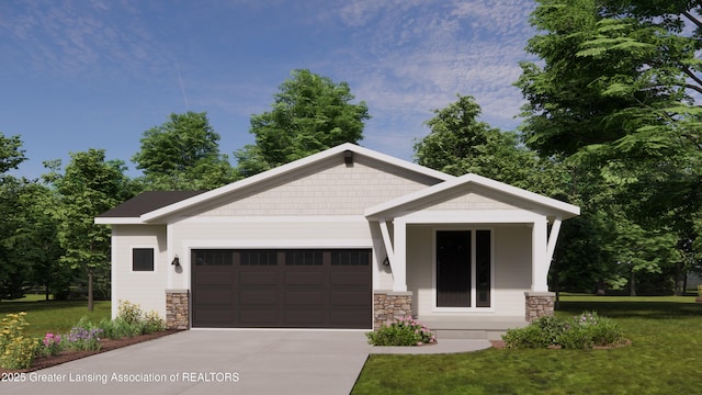 view of front facade with stone siding, a front yard, and a garage