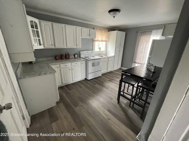 325 N Pennsylvania Ave, Lansing, MI 48912 - kitchen with white electric range, crown molding, white cabinets, glass insert cabinets, and dark wood-type flooring