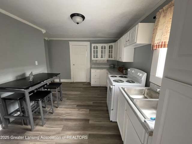 325 N Pennsylvania Ave, Lansing, MI 48912 - kitchen with electric stove, white cabinetry, glass insert cabinets, dark wood-style flooring, and ornamental molding