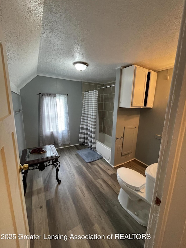 325 N Pennsylvania Ave, Lansing, MI 48912 - bathroom with a textured ceiling, wood finished floors, toilet, and lofted ceiling
