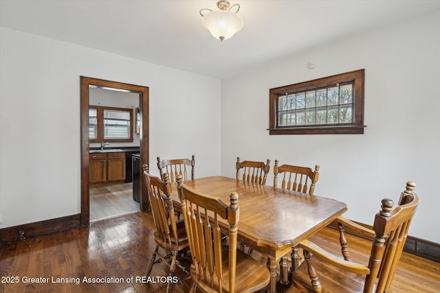 dining room featuring dark wood-type flooring and baseboards