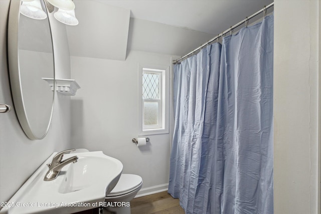 full bath with wood finished floors, toilet, baseboards, a shower with curtain, and a sink