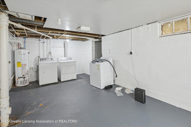 unfinished below grade area with water heater and independent washer and dryer