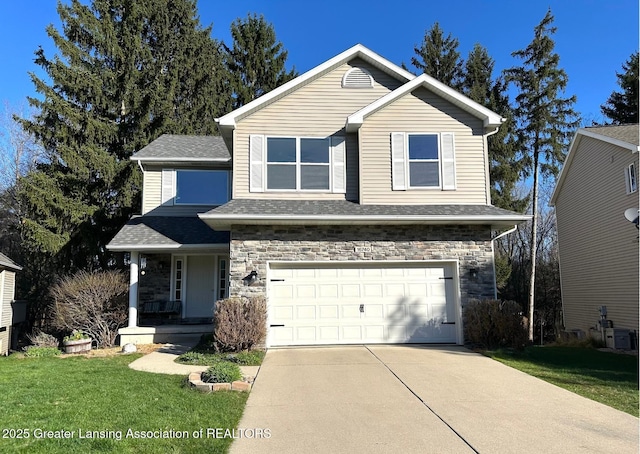 traditional-style home with concrete driveway, stone siding, covered porch, an attached garage, and a front yard