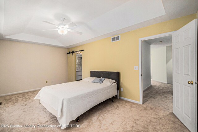bedroom featuring visible vents, ceiling fan, carpet, and baseboards