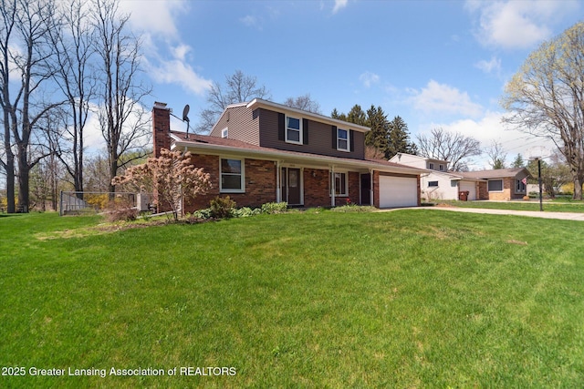 traditional-style home featuring concrete driveway, a chimney, a front lawn, and a garage