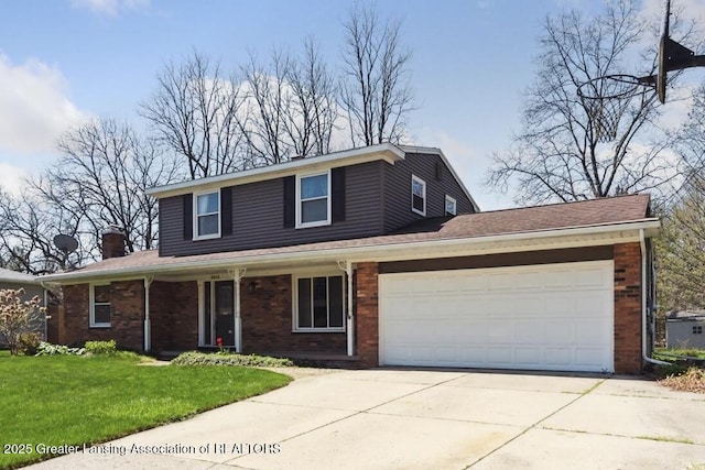 traditional-style house with a front lawn, brick siding, a garage, a chimney, and concrete driveway
