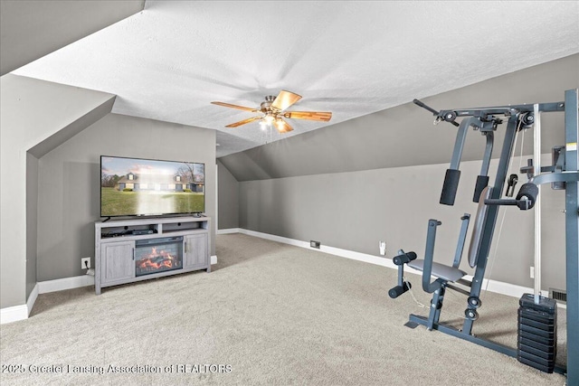 interior space with lofted ceiling, a textured ceiling, and carpet flooring
