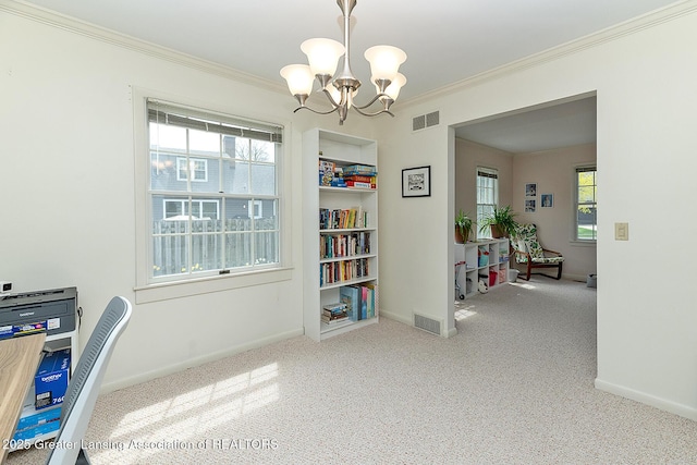 carpeted home office with an inviting chandelier, baseboards, ornamental molding, and visible vents
