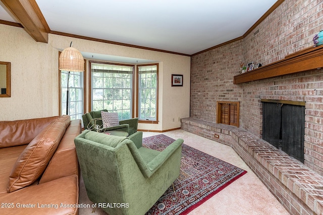 carpeted living room featuring crown molding, a fireplace, and a wealth of natural light