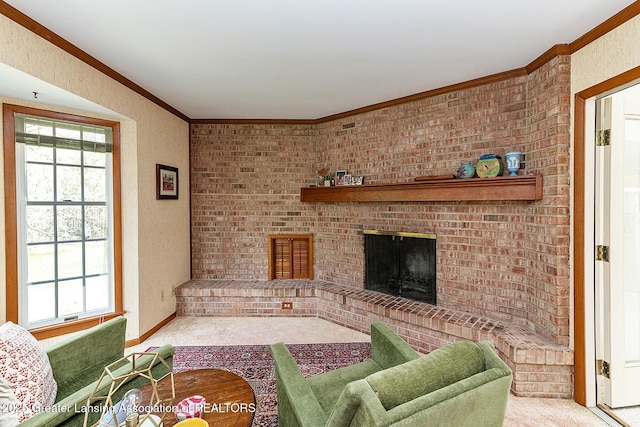 living room with carpet floors, crown molding, and a fireplace