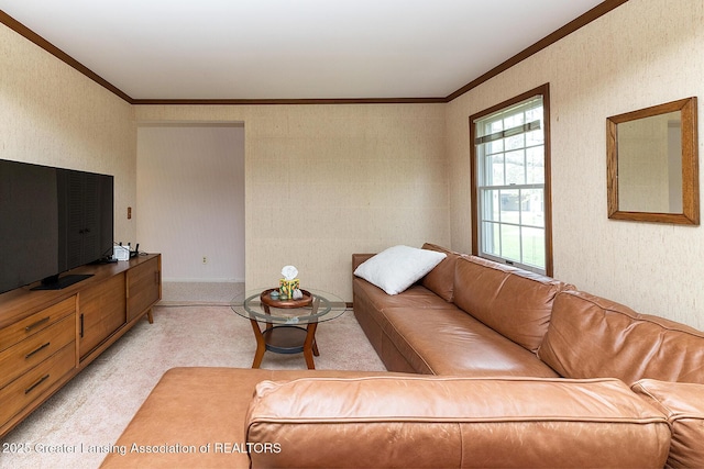 living area with crown molding and light colored carpet