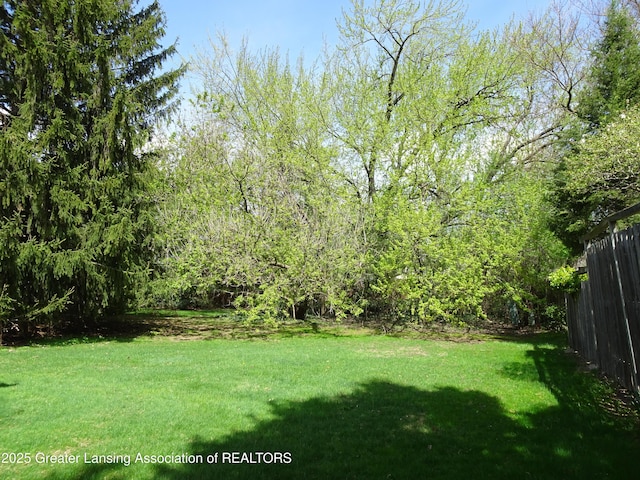 view of yard featuring fence and a wooded view
