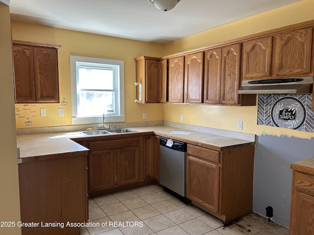 1909 W Holmes Rd, Lansing, MI 48910 - kitchen with brown cabinetry, dishwasher, light countertops, and a sink