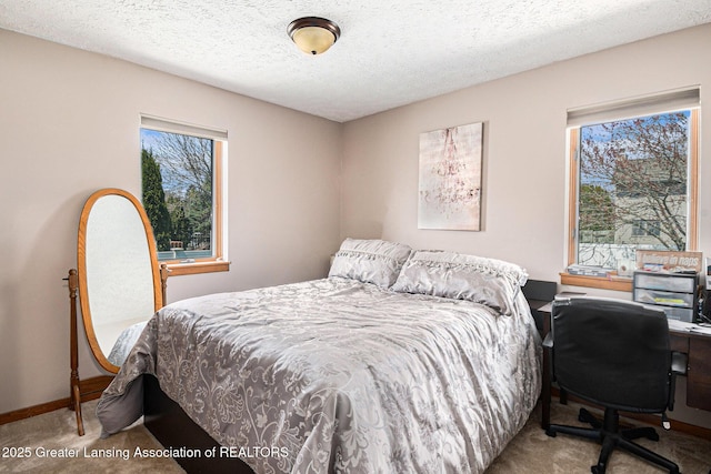 bedroom with baseboards, a textured ceiling, and carpet