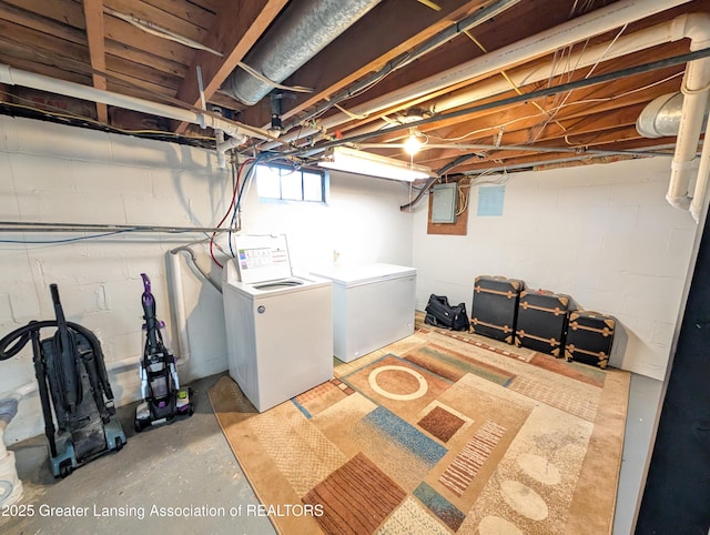laundry area featuring washer and clothes dryer, laundry area, and electric panel