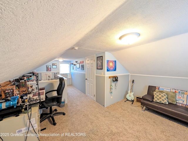 office with carpet floors, lofted ceiling, and a textured ceiling