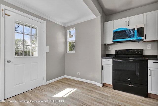 1435 New York Ave, Lansing, MI 48906 - kitchen featuring crown molding, electric range, dark countertops, light wood-style floors, and plenty of natural light