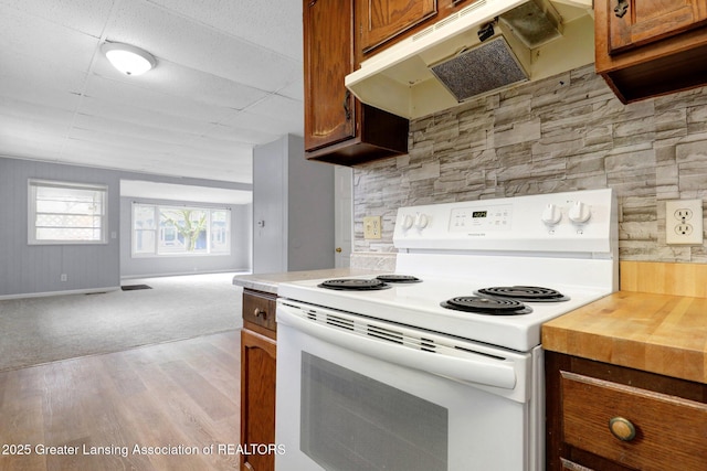 218 W Thomas St, Lansing, MI 48906 - kitchen featuring light wood-style flooring, under cabinet range hood, brown cabinetry, open floor plan, and electric range