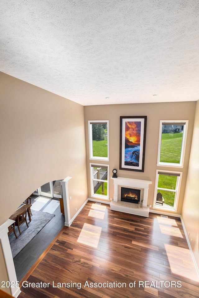 12714 Ospreys Way, Dewitt, MI 48820 - unfurnished living room featuring a textured ceiling, a glass covered fireplace, wood finished floors, and baseboards