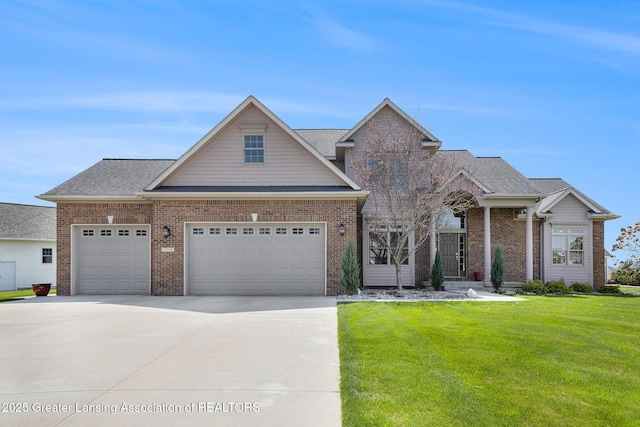 12714 Ospreys Way, Dewitt, MI 48820 - craftsman inspired home with a front yard, a garage, brick siding, roof with shingles, and concrete driveway