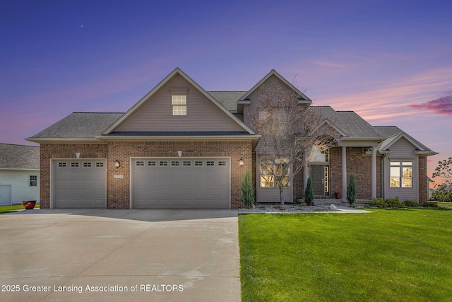 12714 Ospreys Way, Dewitt, MI 48820 - craftsman-style house featuring brick siding, a garage, driveway, roof with shingles, and a front lawn