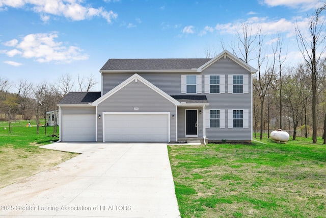12001 Bryde Dr, Rives Junction, MI 49277 - traditional-style house featuring a garage, roof with shingles, a front yard, and concrete driveway