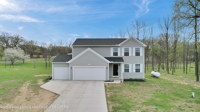 12001 Bryde Dr, Rives Junction, MI 49277 - traditional home with roof with shingles, an attached garage, driveway, and a front lawn