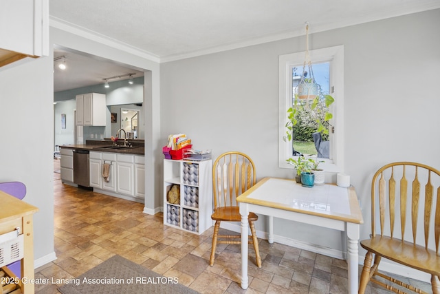 dining area with rail lighting, baseboards, ornamental molding, and stone tile flooring