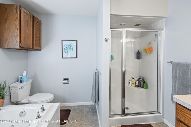 bathroom with toilet, a bath, a shower stall, and baseboards
